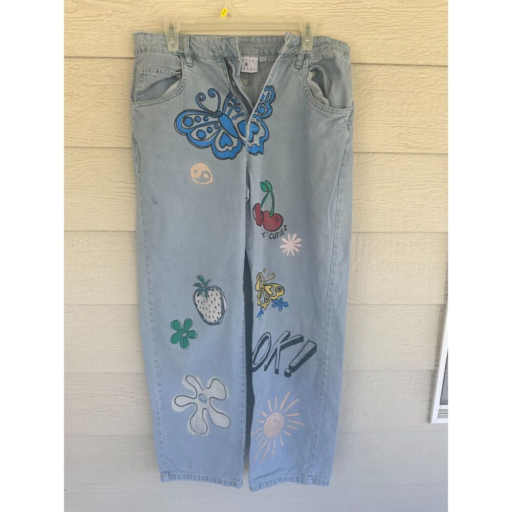 Daisy Street Graphic Doodle Wide-Leg Jeans – Women’s US 9 (Missing Button)